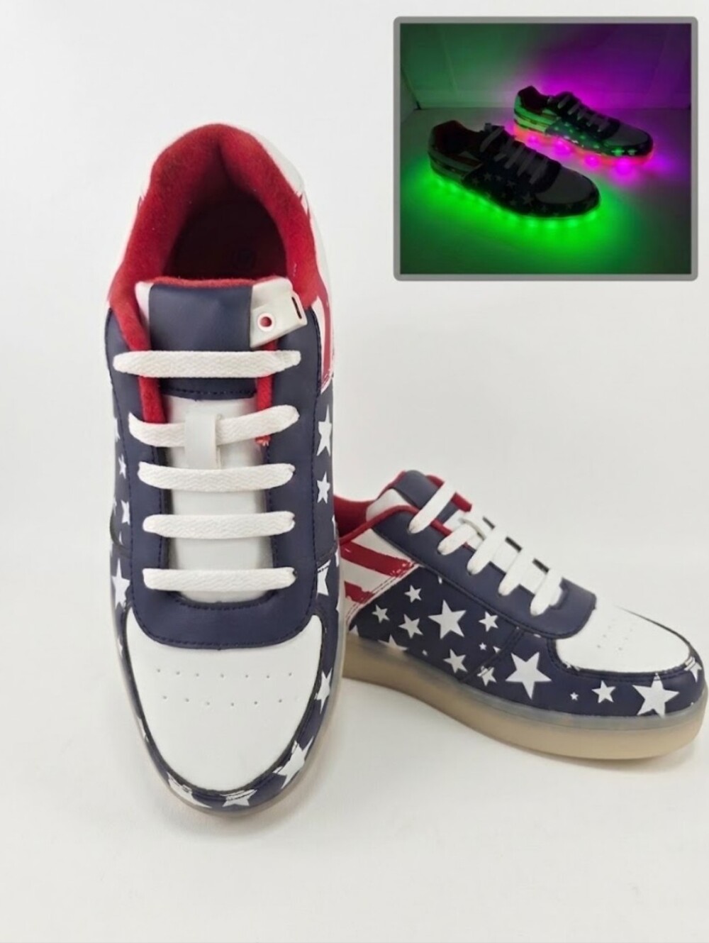 NWOT Forever American Flag Adjustable Multicolor LED Sneakers - Size 7.5